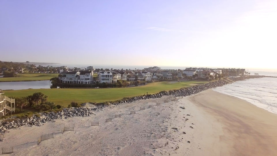 Aerial view of homes, golf course, and beaches on Fripp Island