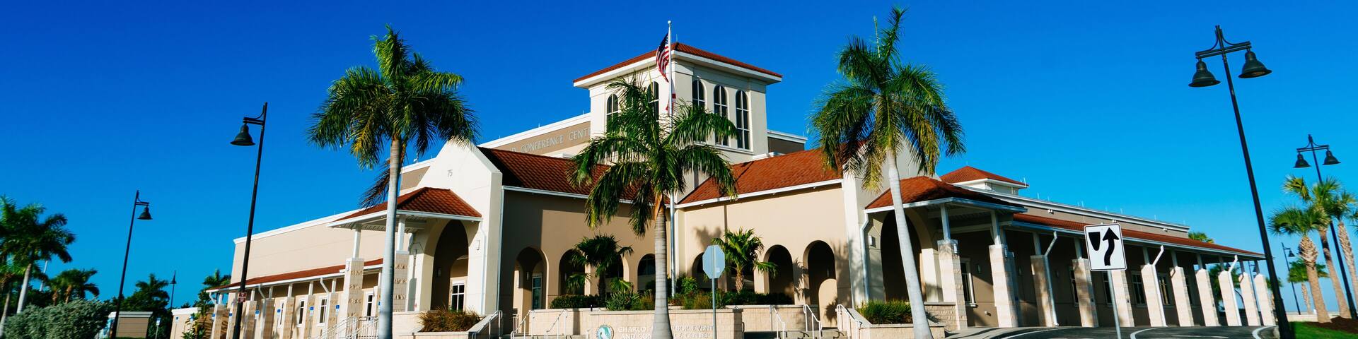 Punta Gorda, FL / USA - 12 25 2019: Punta Gorda city downtown building and blue sky