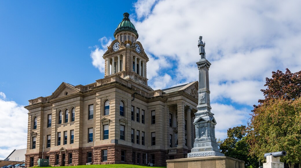 Corner of the Winneshiek County Courthouse and clock tower in Decorah, Iowa