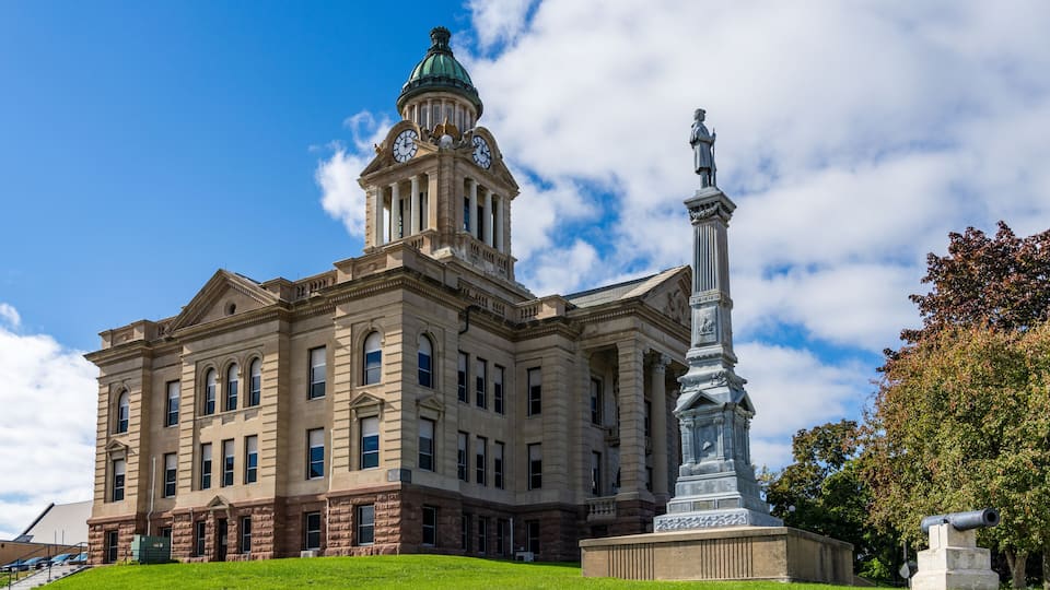 Corner of the Winneshiek County Courthouse and clock tower in Decorah, Iowa