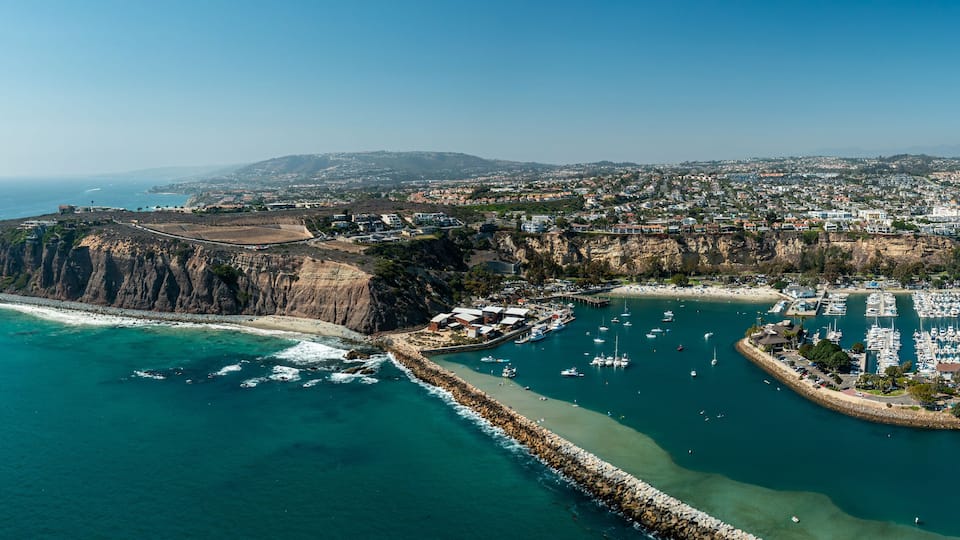 Panoramic Aerial View of Dana Point Harbor and PCH, California