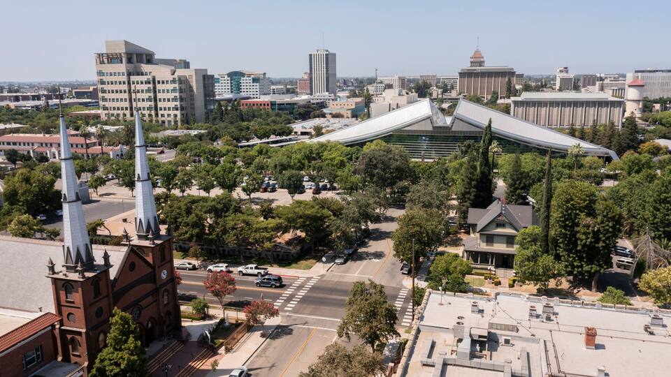 Daytime aerial view of the historic downtown district of Fresno, California, USA.