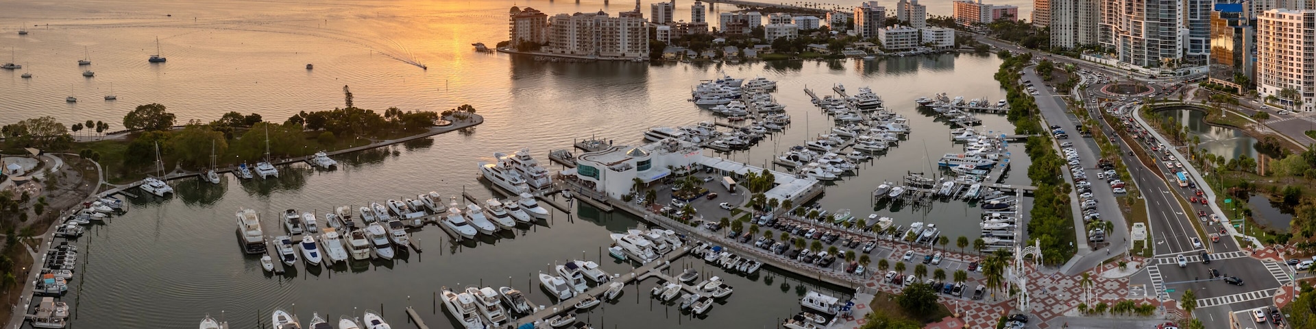 A marina with boats, a bridge, and high-rise buildings.