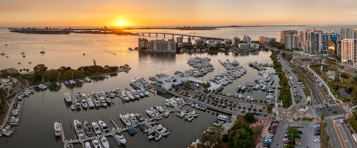 A marina with boats, a bridge, and high-rise buildings.