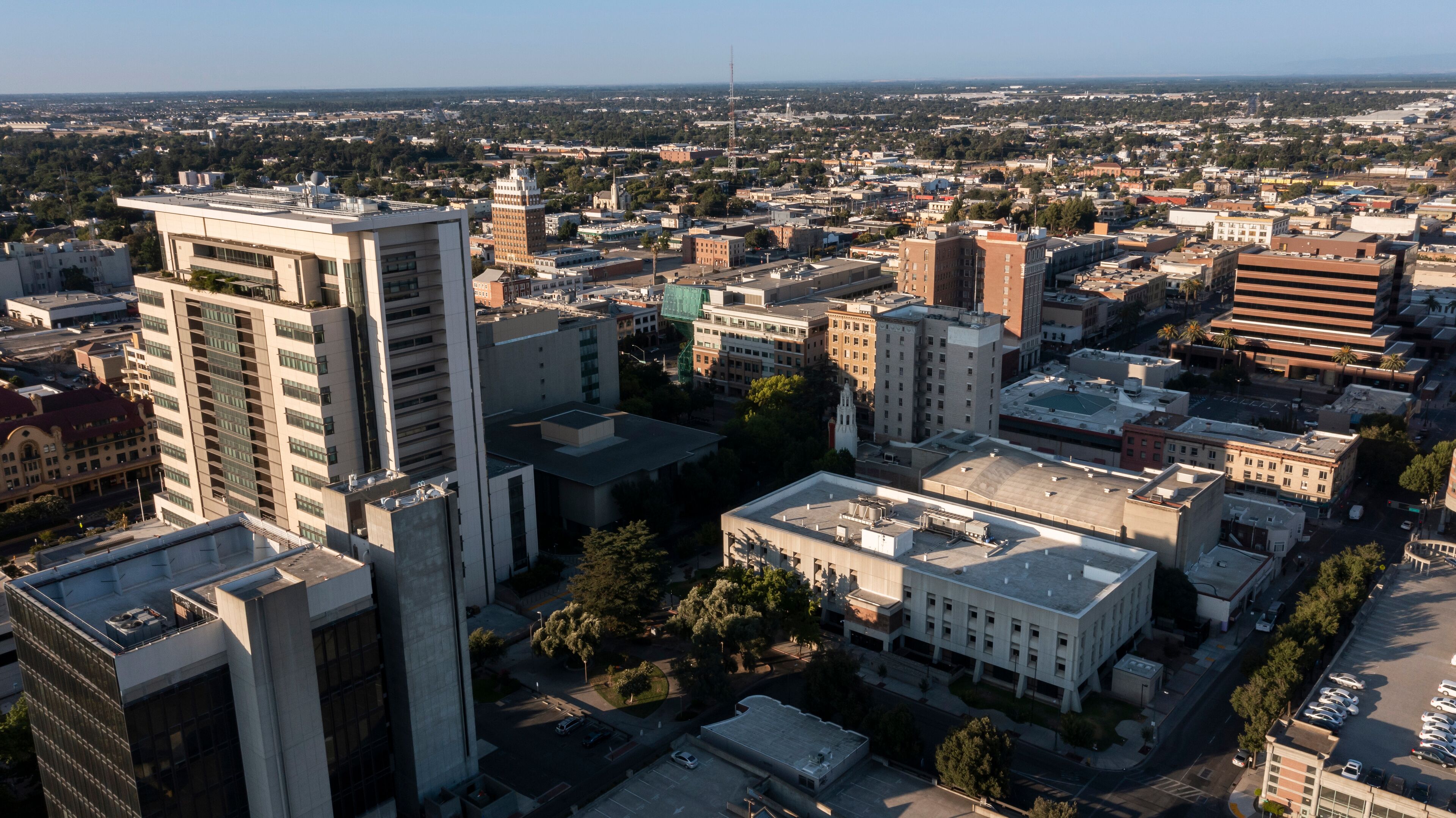 Sunset view of downtown Stockton, California, USA.