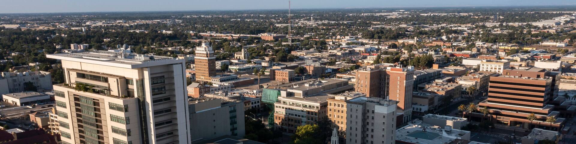 Sunset view of downtown Stockton, California, USA.