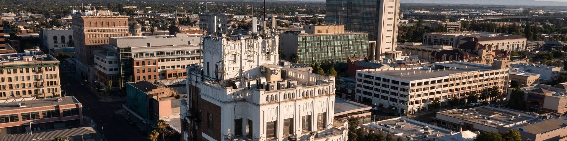 Sunset view of downtown Stockton, California, USA.