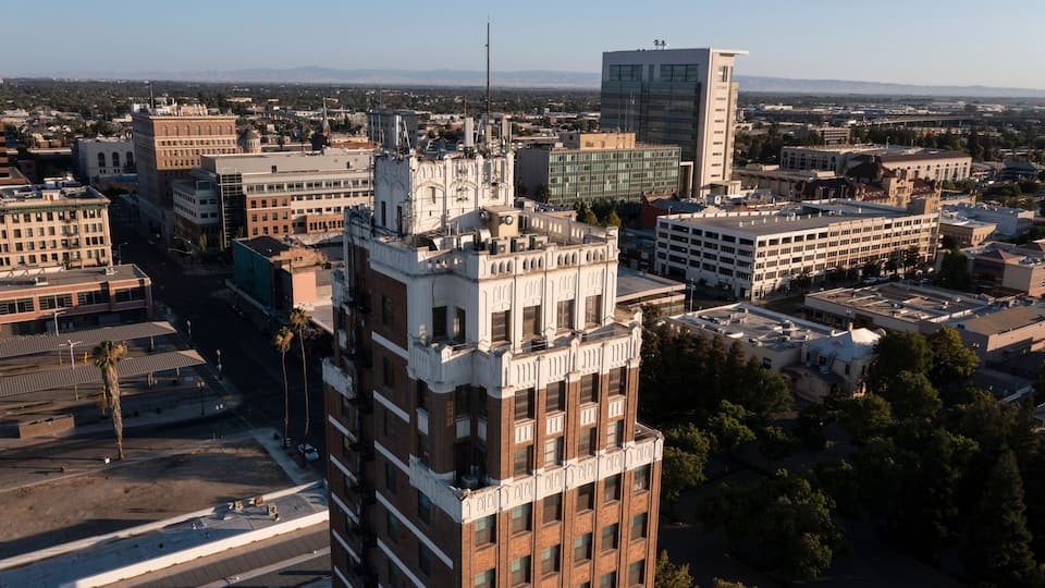 Sunset view of downtown Stockton, California, USA.