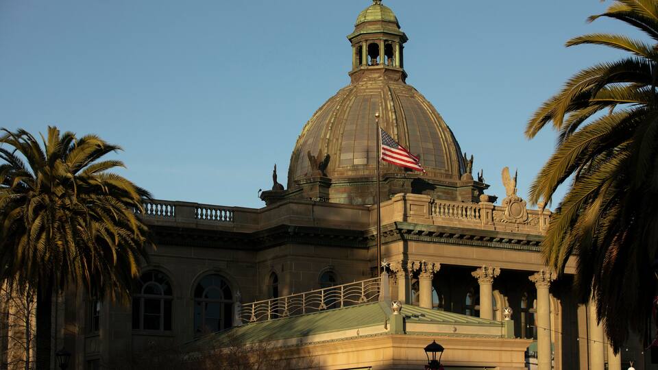 Sunset view of the historic San Mateo County Courthouse in downtown Redwood City, California, USA.