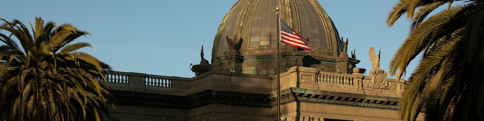 Sunset view of the historic San Mateo County Courthouse in downtown Redwood City, California, USA.