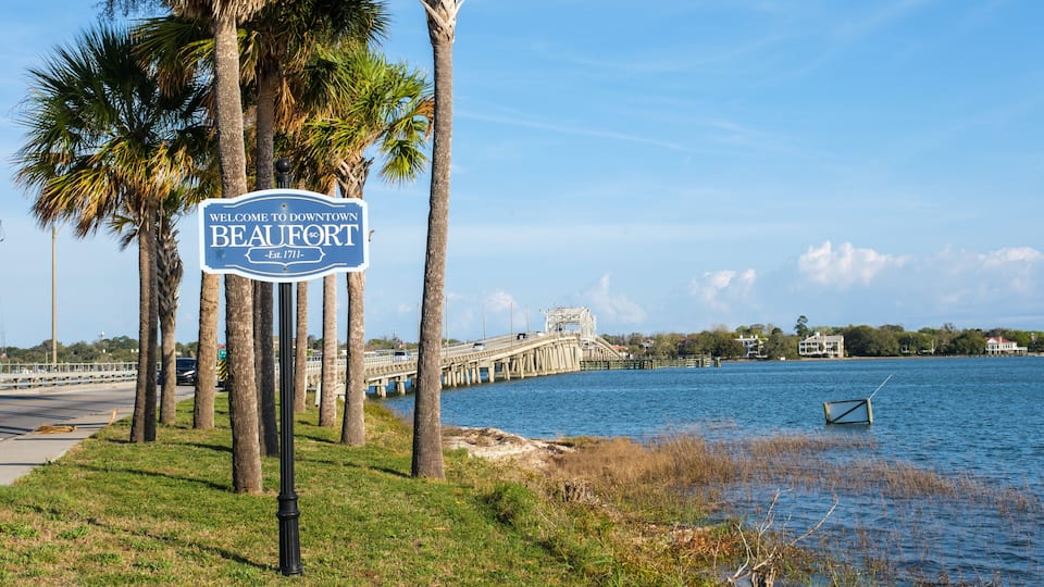 Beaufort, South Carolina welcome sign at the Woods Memorial Bridge and Beaufort River