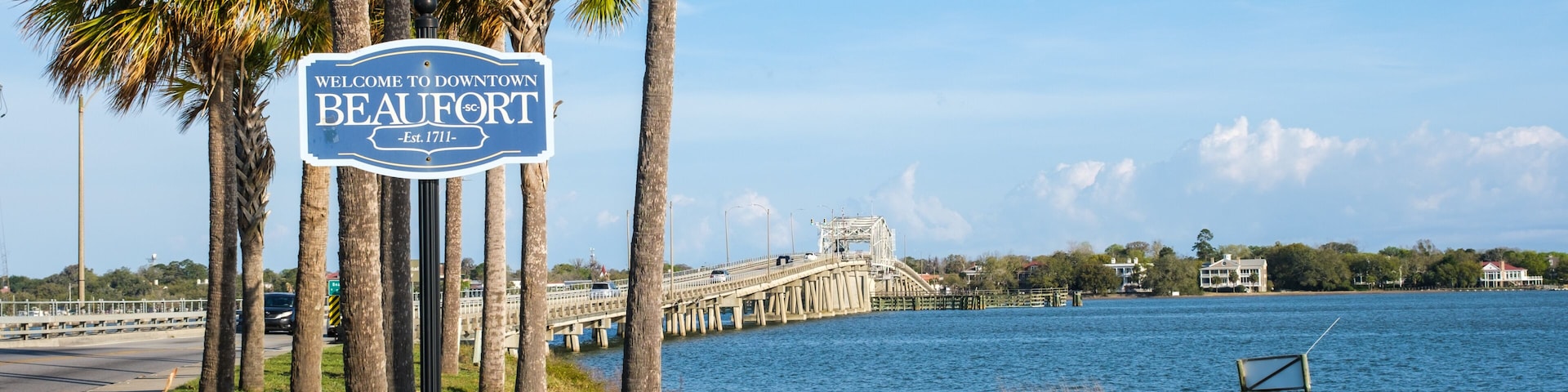 Beaufort, South Carolina welcome sign at the Woods Memorial Bridge and Beaufort River