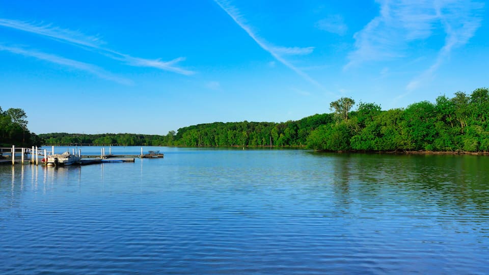 Lake Wylie, Gaston county, North Carolina on sunny a spring afternoon wit a beautiful blue sky.