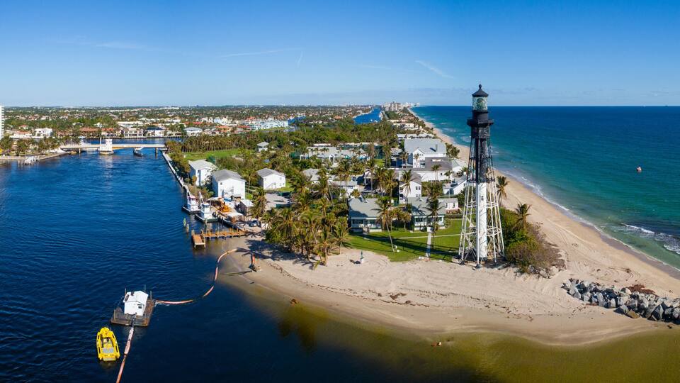Aerial panorama Hillsboro Inlet Lighthouse Florida