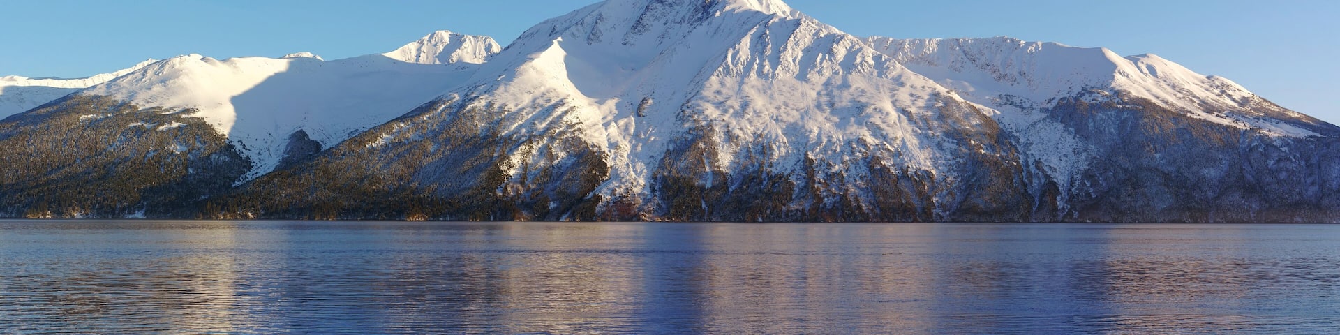 Turnagain Arm near sunset with a reflection. Panorama photograph with 3 to 1 ratio.
