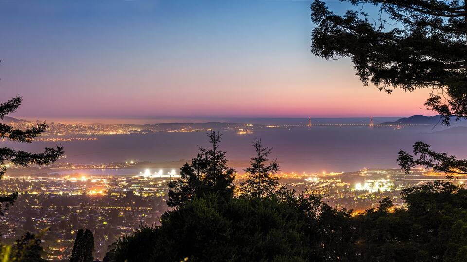 Panorama Night View of San Francisco Bay, East Bay, Oakland, Golden Gate bridge
