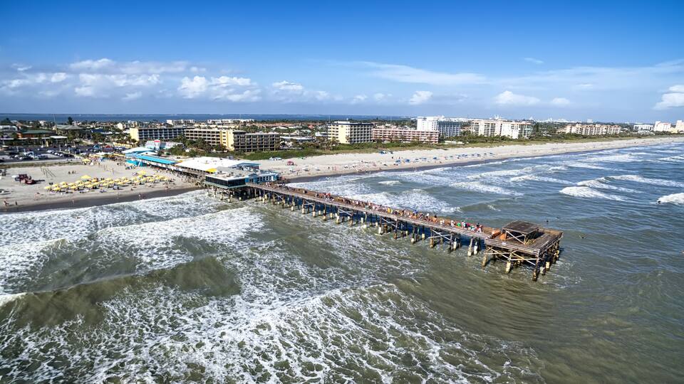 Daytime Cocoa Beach Pier aerial view, Cape Canaveral, Florida