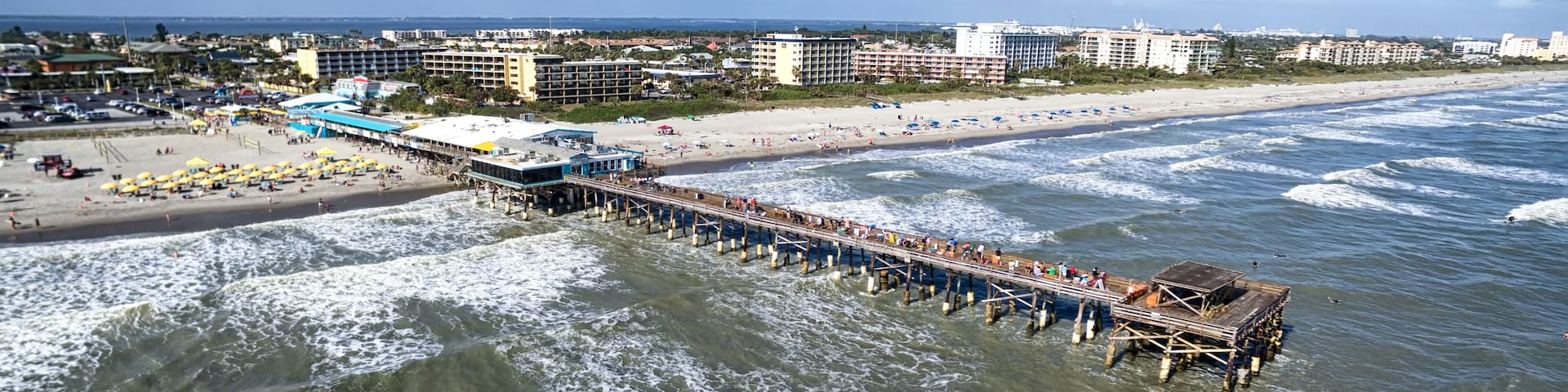 Daytime Cocoa Beach Pier aerial view, Cape Canaveral, Florida
