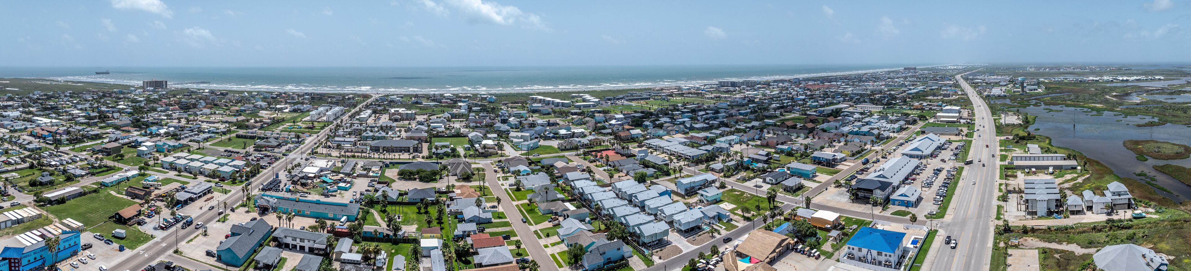 panoramic aerial landscape view of Port Aransas located on Mustang Island at Gulf of Mexico during a sunny day 