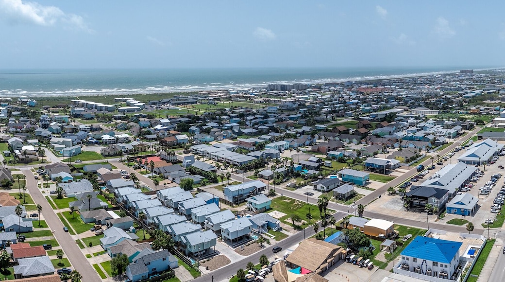 panoramic aerial landscape view of Port Aransas located on Mustang Island at Gulf of Mexico during a sunny day