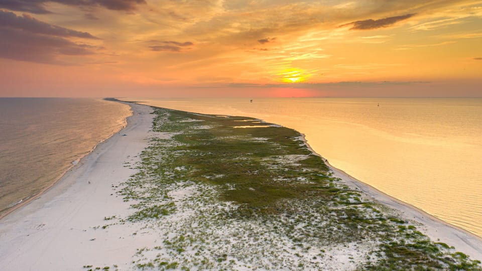 A beach with a long stretch of sand and sparse vegetation, leading to the ocean under a sunset sky.
