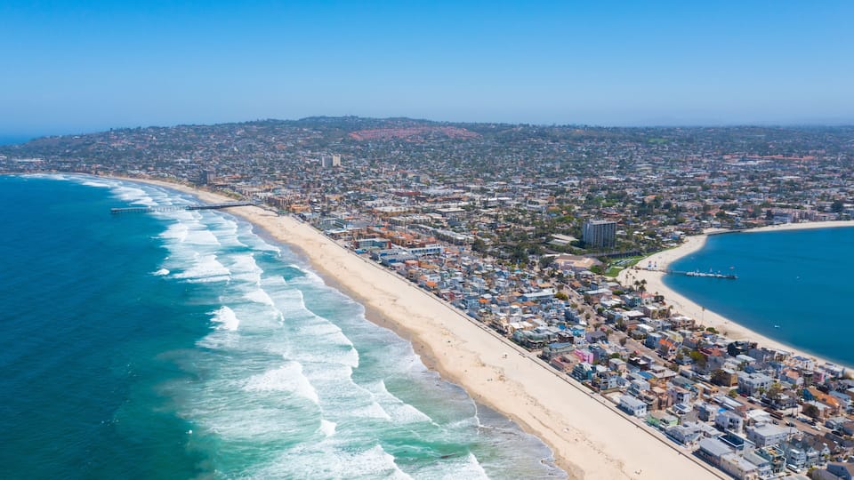 Aerial of Mission Beach in San Diego, CA