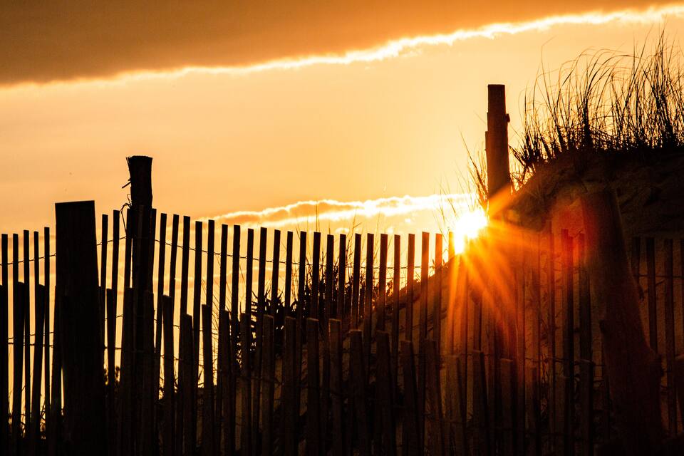 A sunset over a fence with a silhouette of trees and a wooden post.