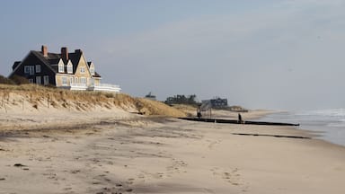 A beach with a large house and dunes.