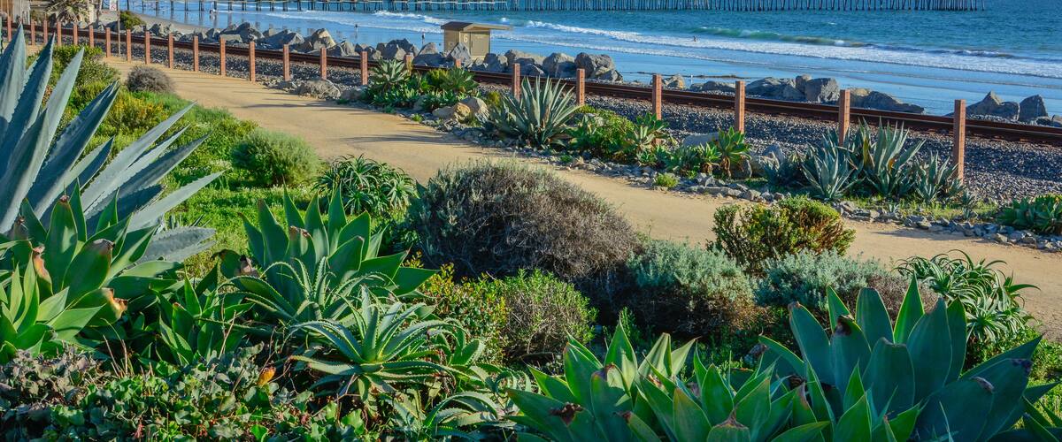 Scenic San Clemente Ocean side close to pier and rails pacific surfliner
