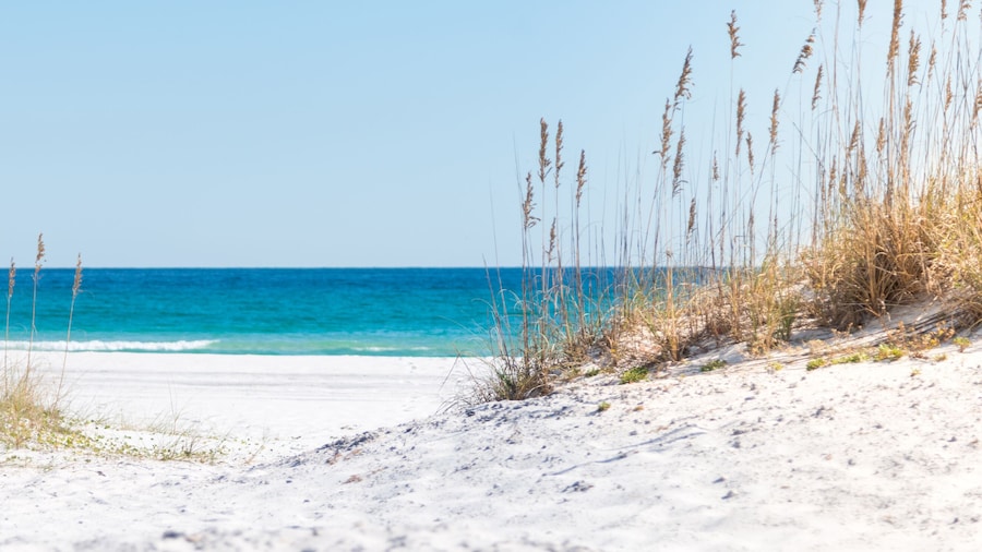 Pensacola Beach Panorama, Florida blauer Himmel und weißer Sand, Mexiko, Horizont, Florida, Paradies, Whitehaven, Fidschi, Mauritius, Malediven, Bora Bora, Hawaii