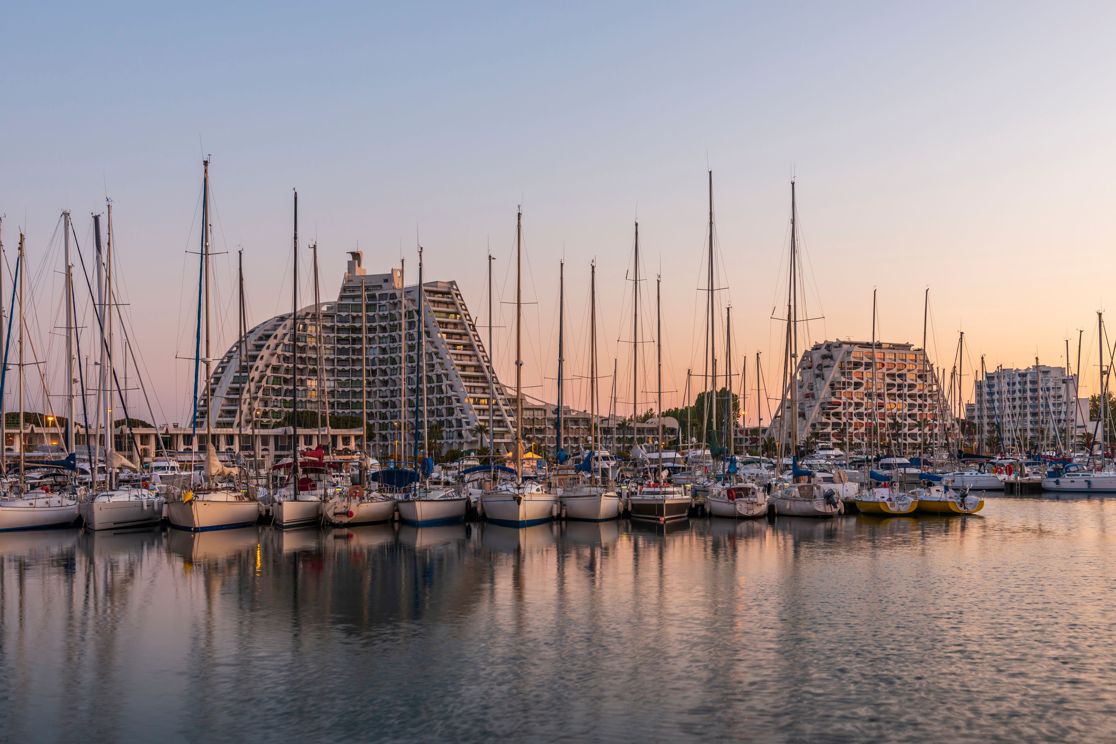 Twilight on the Marina of La Grande-Motte in the Hérault in Occitanie, France