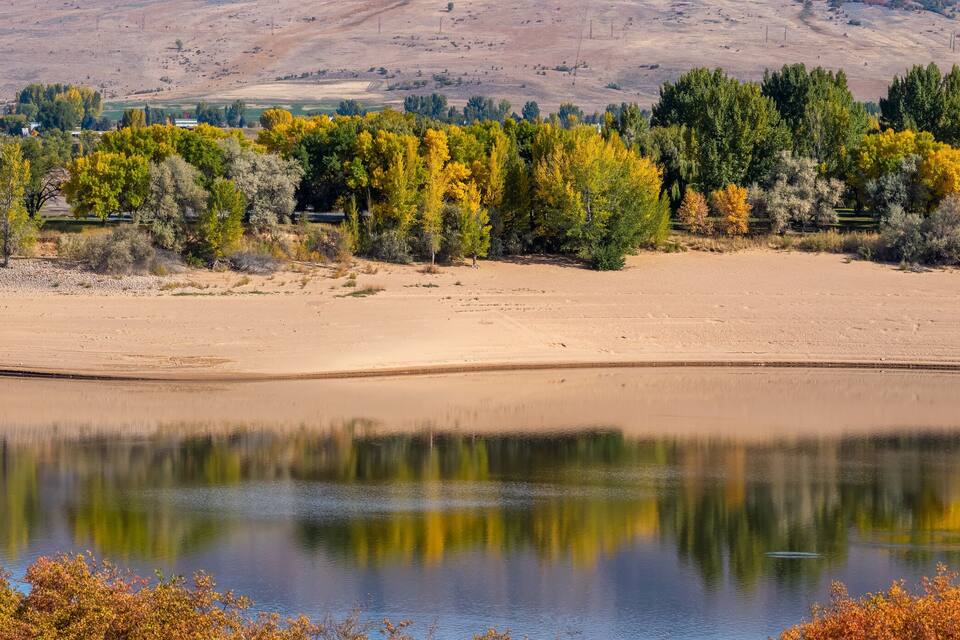 A calm lake reflecting trees and a hilly landscape.