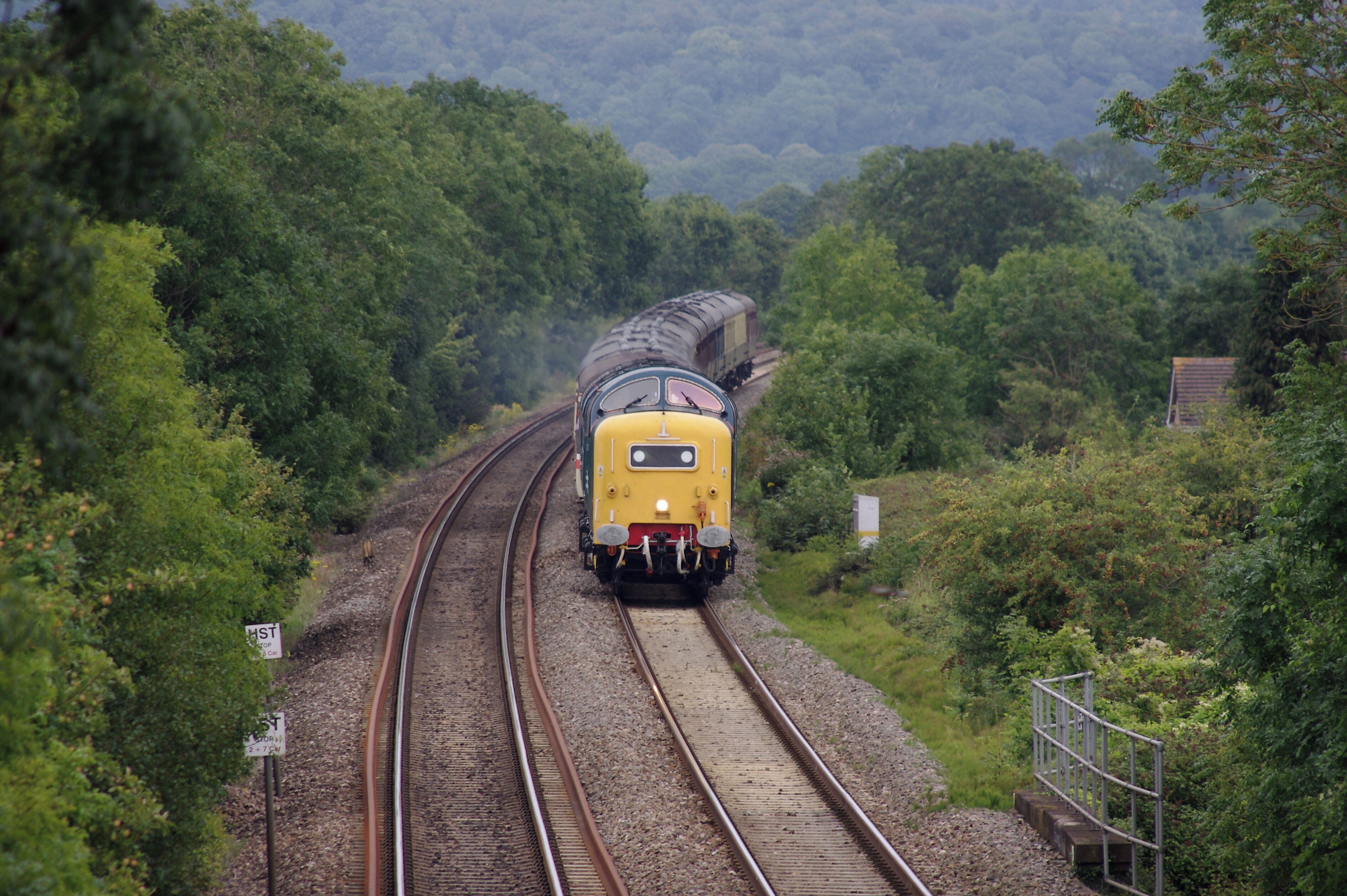 Class 55 Deltic locomotive 55022 "Royal Scots Grey" passes through Nailsea & Backwell on an excursion from Peterborough to Weston-super-Mare.