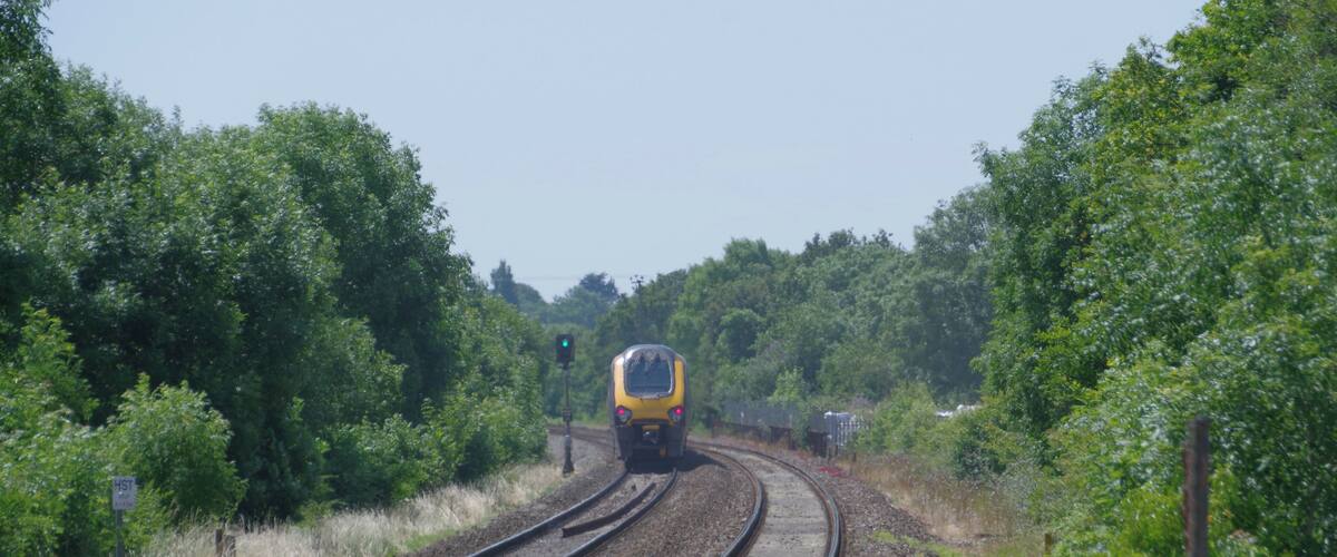 A train on railway tracks surrounded by greenery.