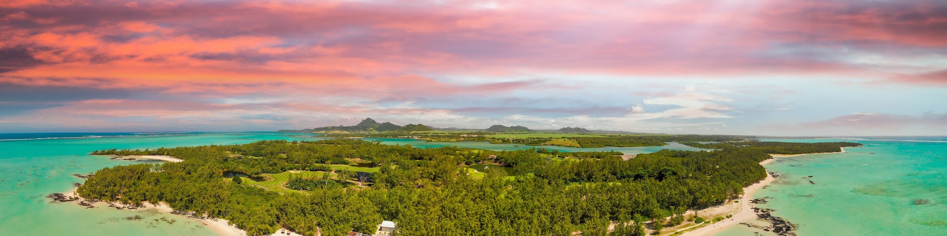 Panoramic aerial view of Mauritius beach of Ile Aux Cerf Beach island golf club on East Coast