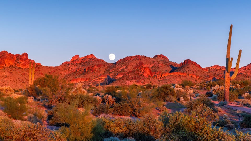 Panoramic view of the hills in Arizona with the moon rising