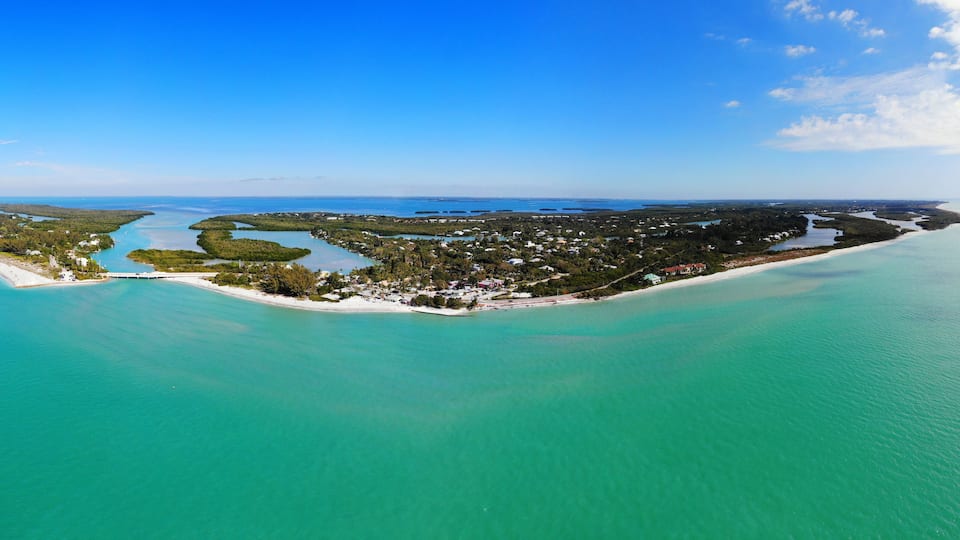 Aerial landscape view of Captiva Island and Sanibel Island in Lee County, Florida, United States