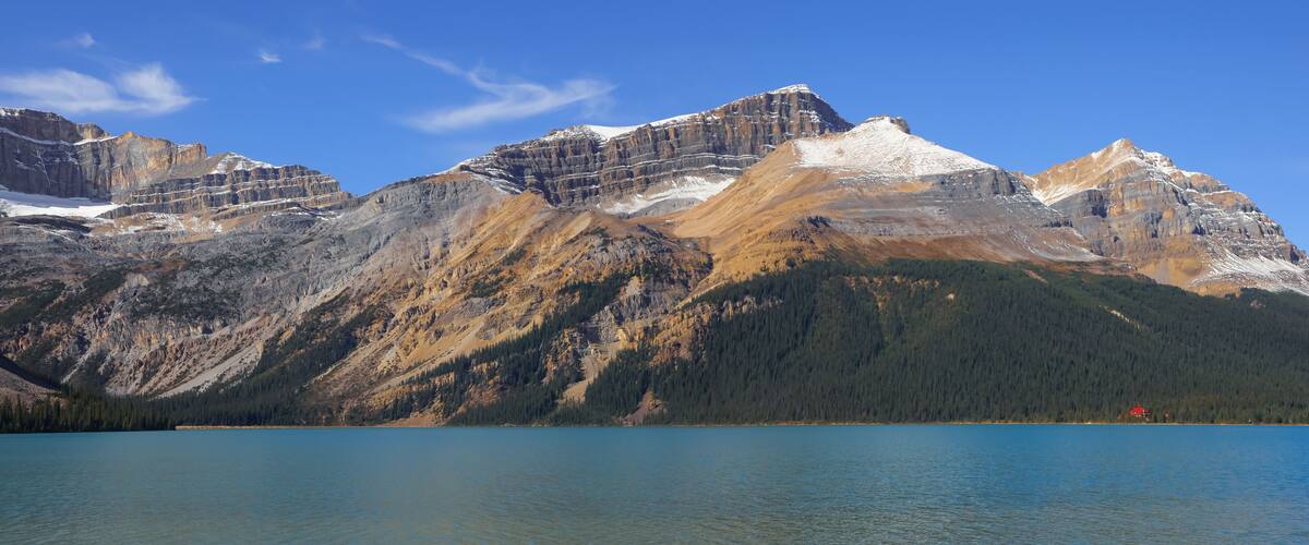 Scenic clear water Bow lake and mountains in Banff national park