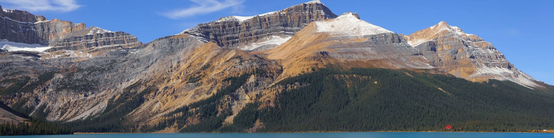 Scenic clear water Bow lake and mountains in Banff national park