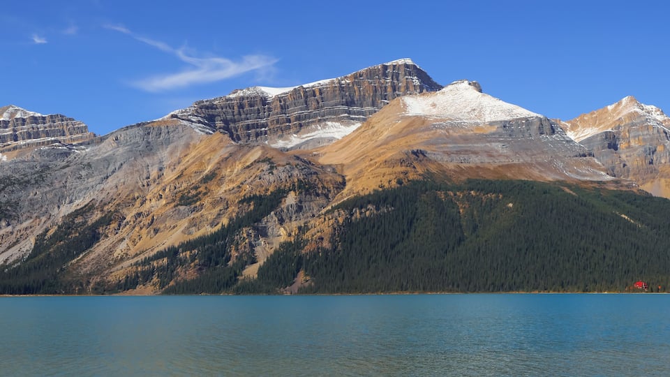 Scenic clear water Bow lake and mountains in Banff national park