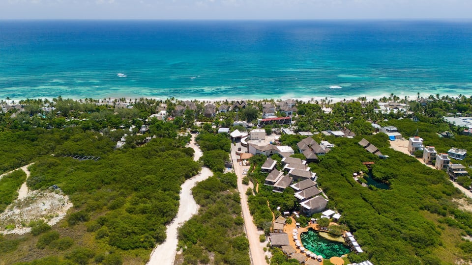 Aerial drone view of Tulum beach in Mexico