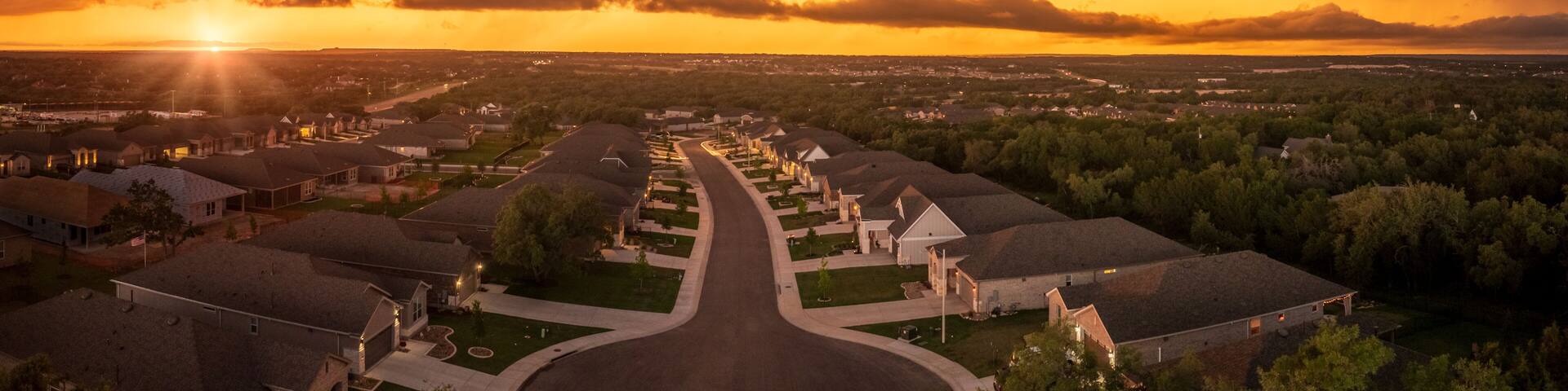 Aerial view of a dramatic sunset lighting clouds before severe thunderstorm near Georgetown Texas