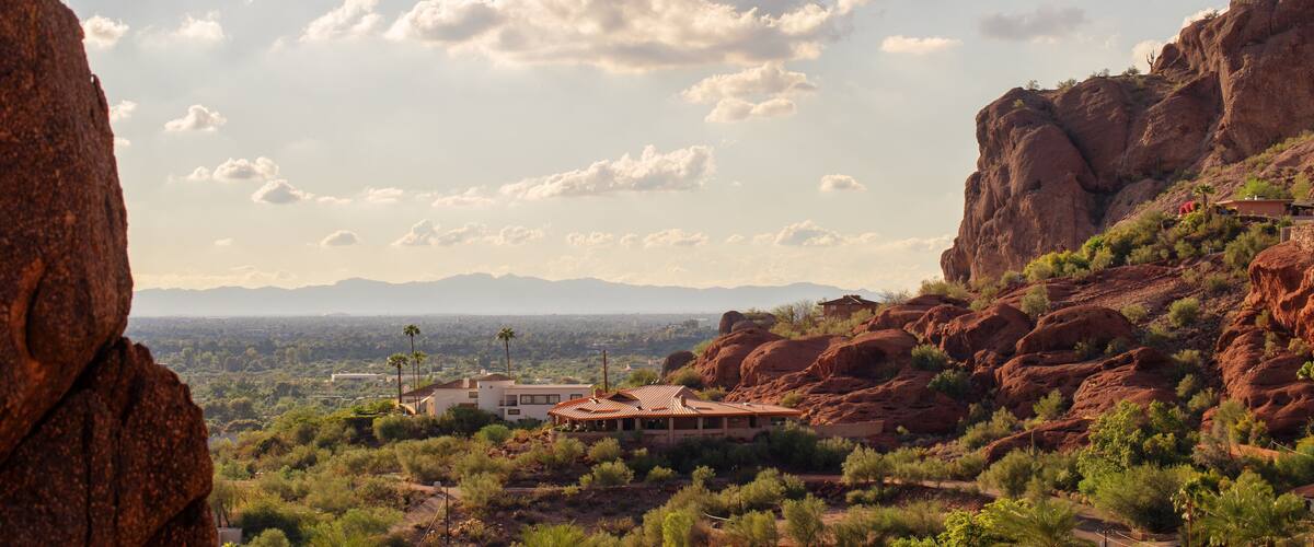 View of Phoenix and Tempe from Camelback Mountain in Arizona, USA