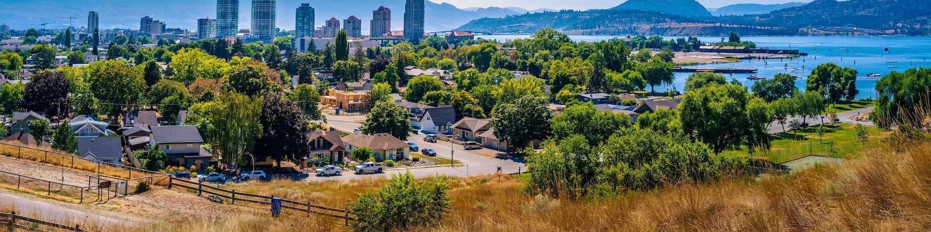Kelowna city skyline and William R. Bennett Bridge over Okanagan lake in British Columbia, Canada