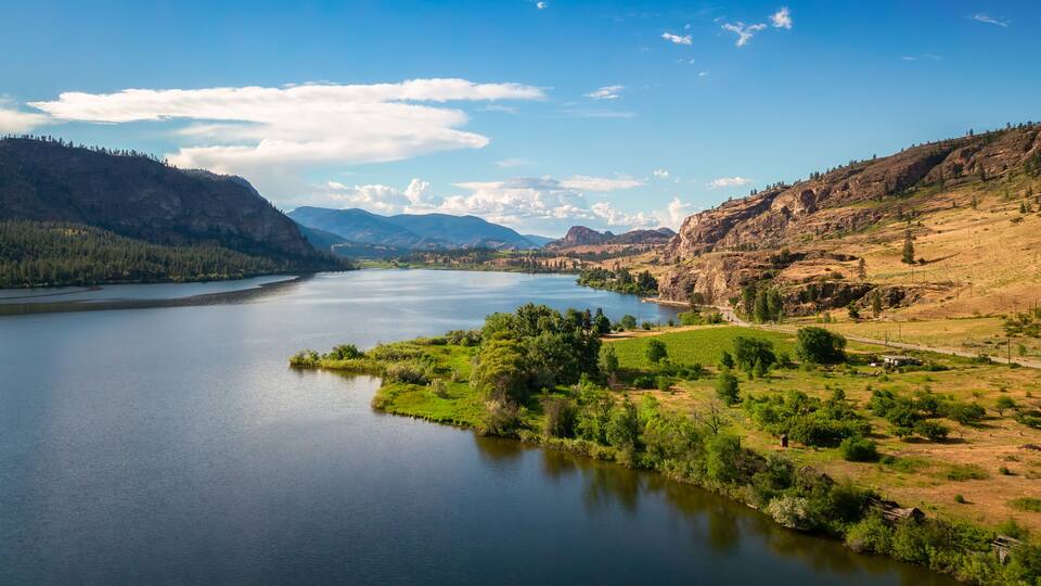 Lake in Okanagan, British Columbia, Canada. Aerial Nature Background