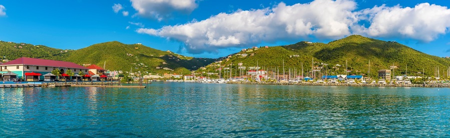 A view past the cruise ship pier towards the port of Road Town on Tortola