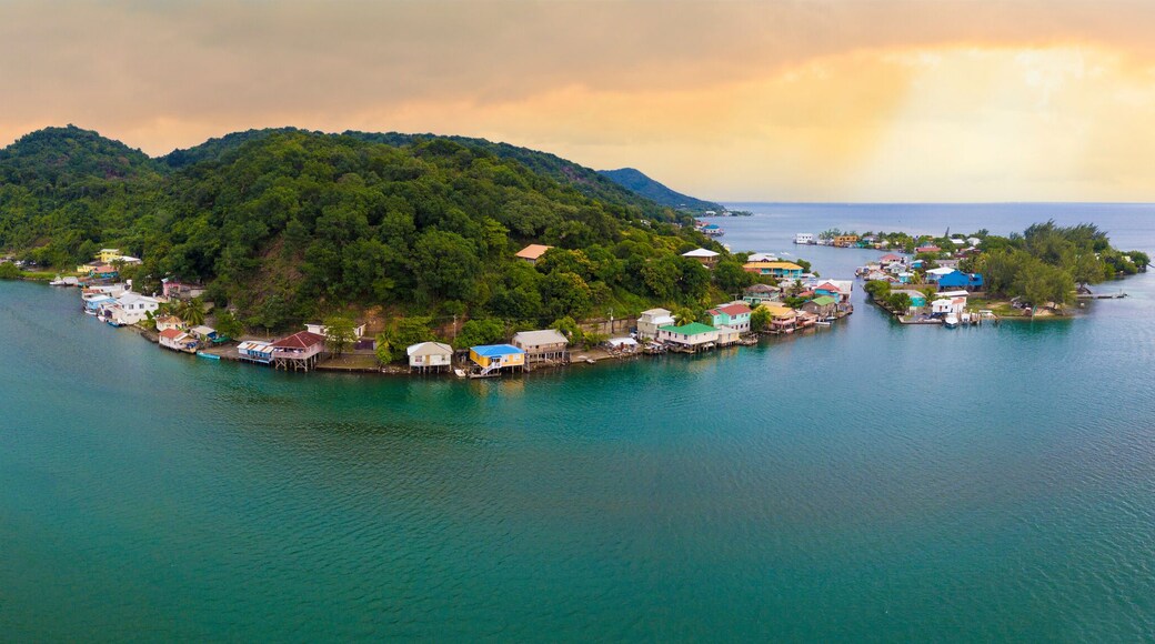 180 degree aerial panorama of Roatan at sunrise.