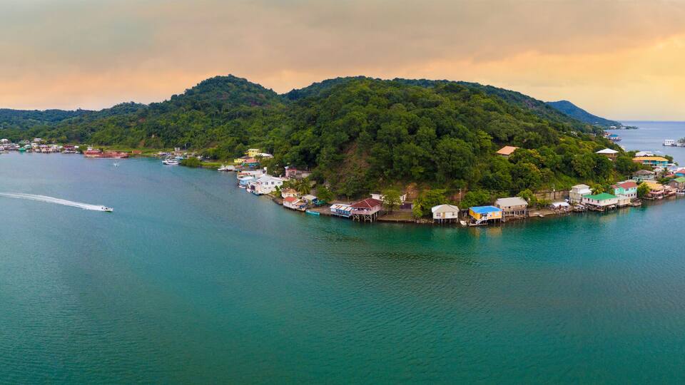 180 degree aerial panorama of Roatan at sunrise.
