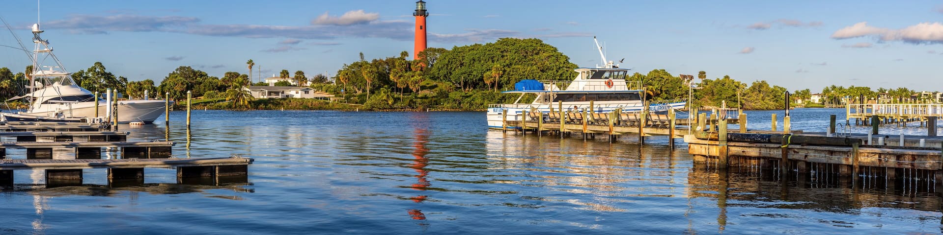 View to the Jupiter lighthouse on the north side of the Jupiter Inlet at sunset.
