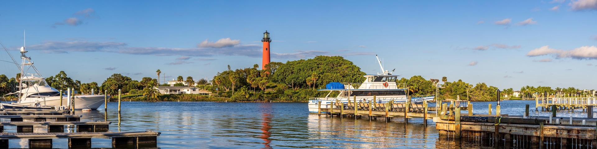 View to the Jupiter lighthouse on the north side of the Jupiter Inlet at sunset.